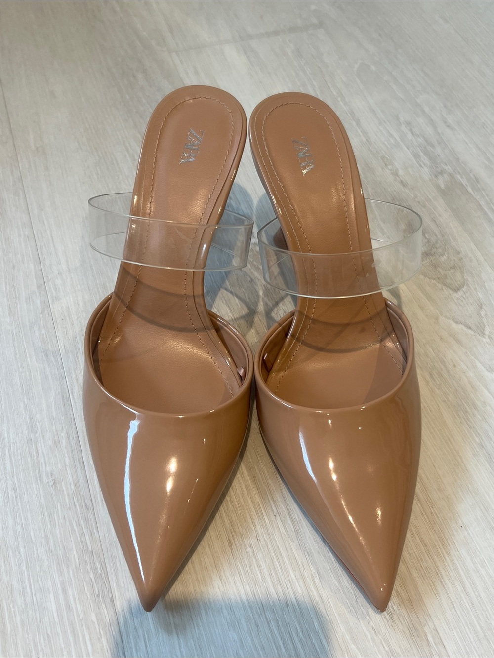 Zara Patent Tan Pointed-Toe Mule with Clear Strap